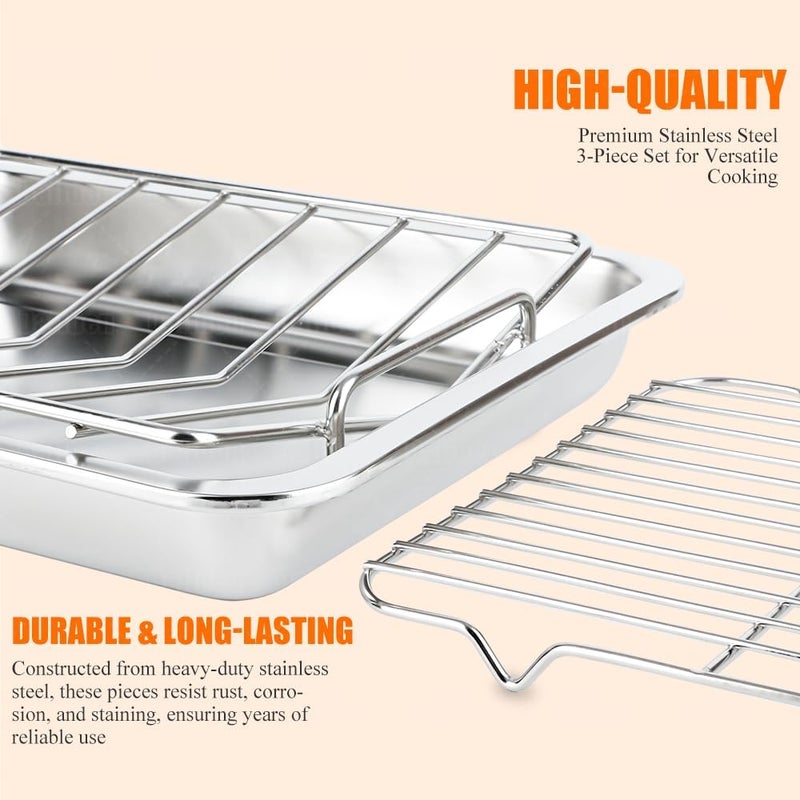 Dallden 15.5 Inch Turkey Roasting Pan with V-Rack, Stainless Steel Turkey Roaster Pan for Ovens, with V & Flat Rack Meat Claws Brush, Deep Broiling Pan for Turkey Chicken Ham - Image 2
